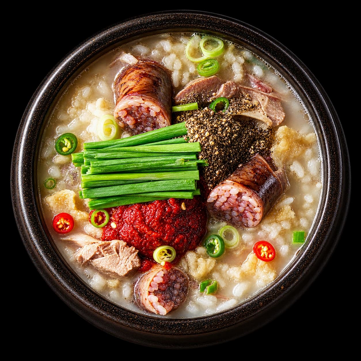 검은 뚝배기에 순대와 고기, 부추를 담은 국밥을 위에서 본 모습