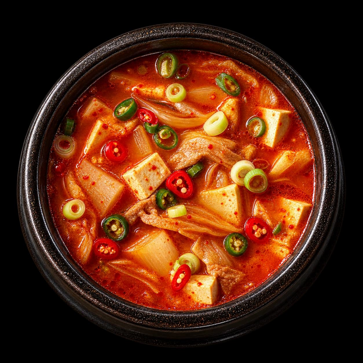 붉은 국물에 두부와 고기, 채소를 담은 뚝배기를 위에서 본 모습