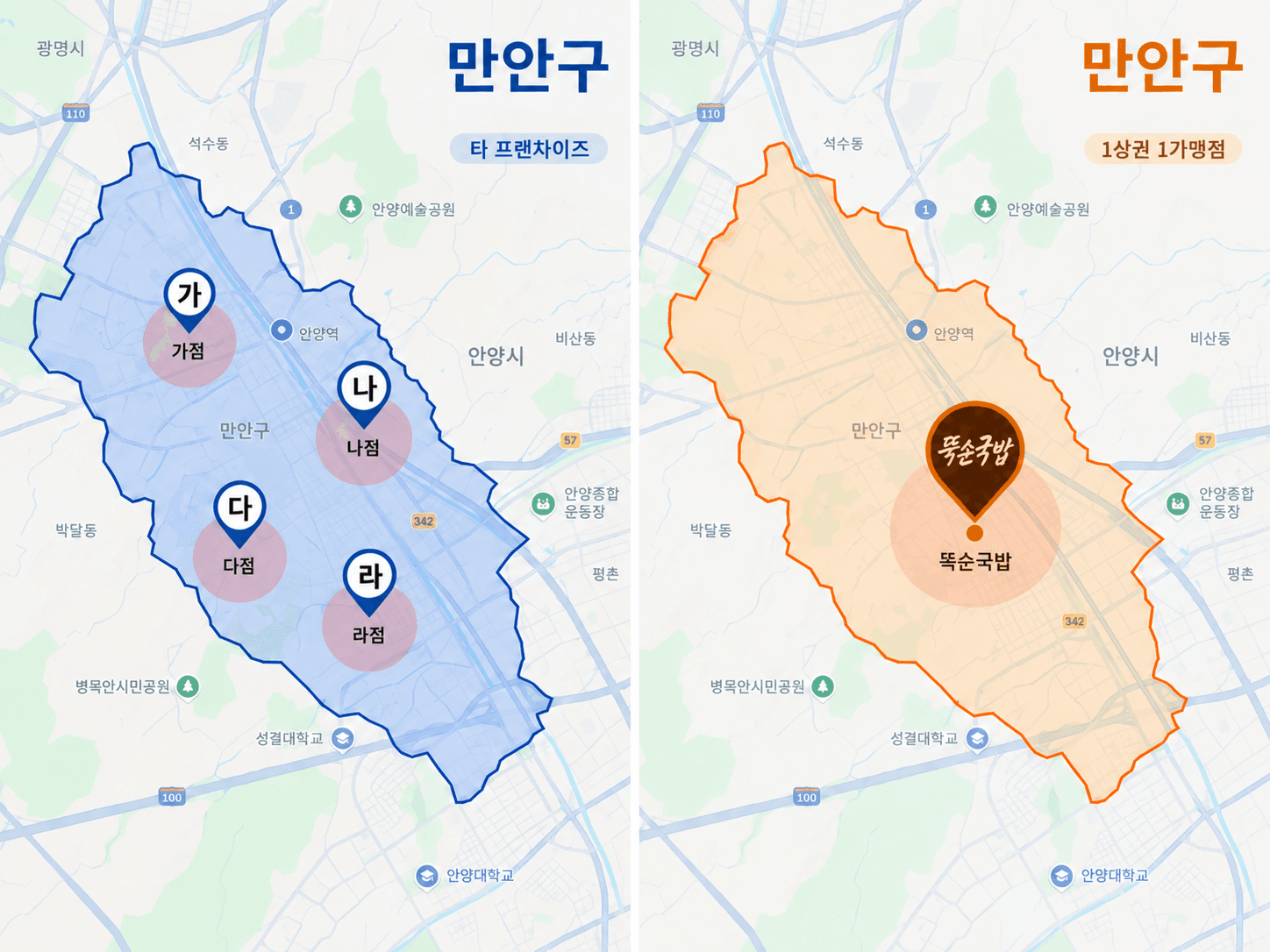 만안구를 예로 든 상권 비교. 왼쪽은 한 상권에 가·나·다·라 네 매장, 오른쪽은 뚝손국밥 한 매장이 배치된 구상도.