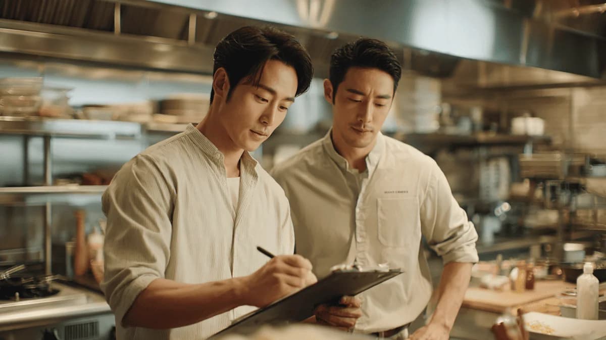 주방에서 체크리스트를 함께 확인하는 두 사람